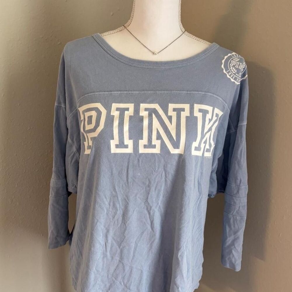 Victoria's Secret PINK blue cotton long sleeve shirt with white 'PINK' text